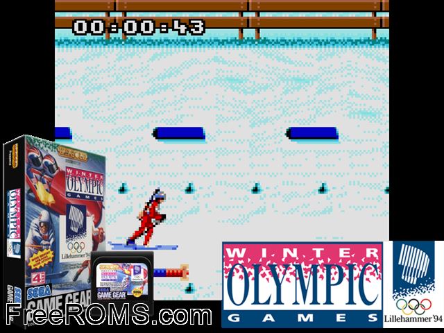 Winter Olympics - Lillehammer '94 Game Gear game showing 3D box cover and gameplay screenshot